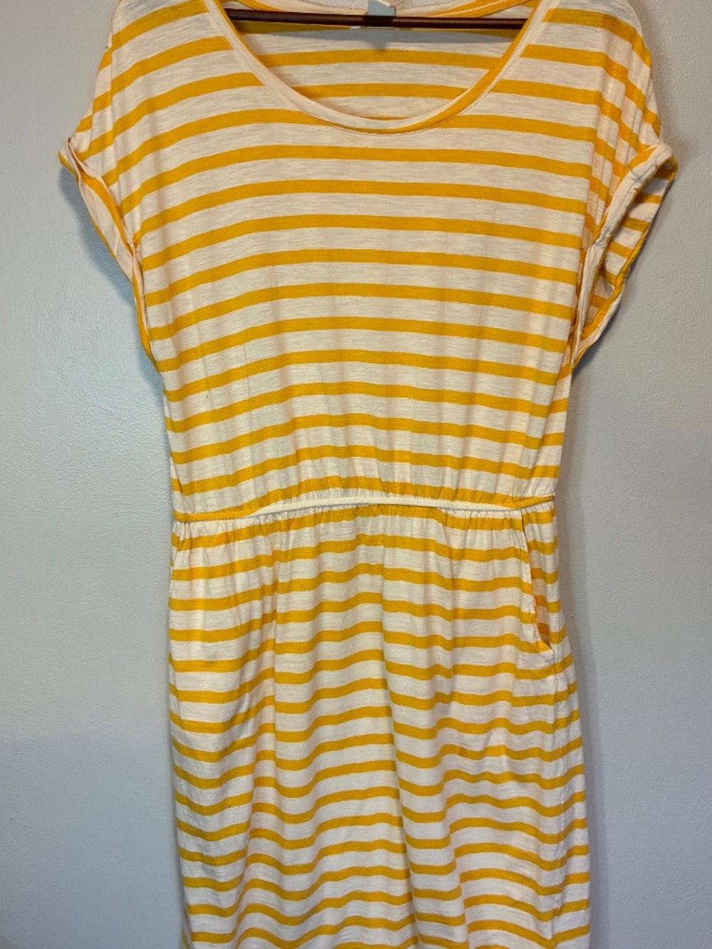 H&M Yellow and White Striped Short sleeve midi dress. Med. Cotton blend
